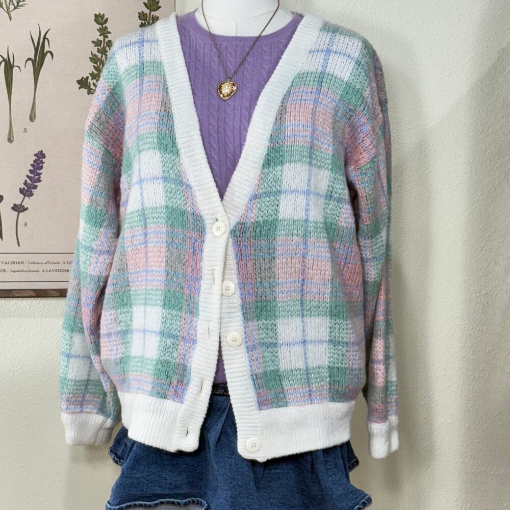 Vintage 90s Pastel Plaid Cardigan Sweater Retro Mod Grandma Coquette 70s Style M